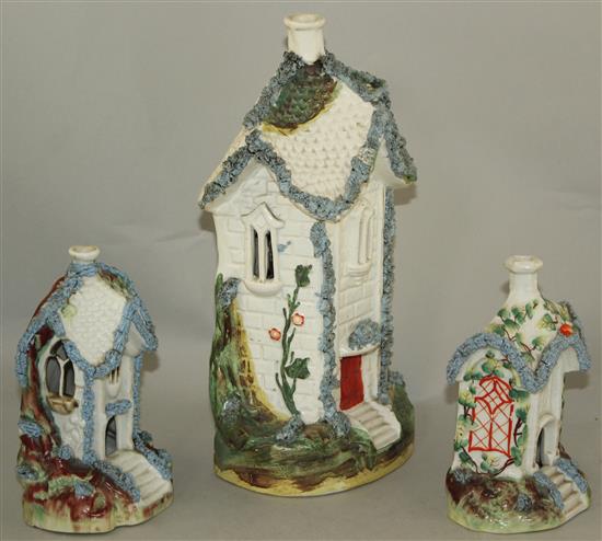 A rare large Staffordshire porcelain cottage pastille burner and two similar smaller examples, mid 19th century, 16 - 29cm